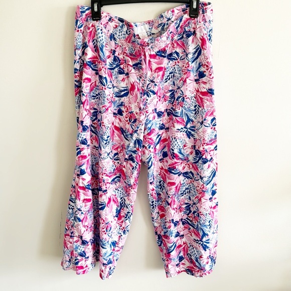 Stella Parker pink floral linen blend wide leg crop pants size L - Picture 1 of 4